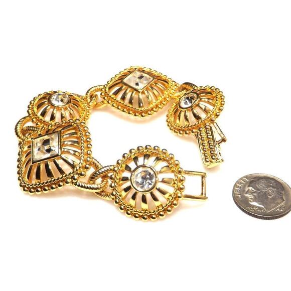 Vintage Gold Medallion Bracelet, Clear Rhinestones, Fold Over Clasp, 6 3/4 Inch - Picture 5 of 8